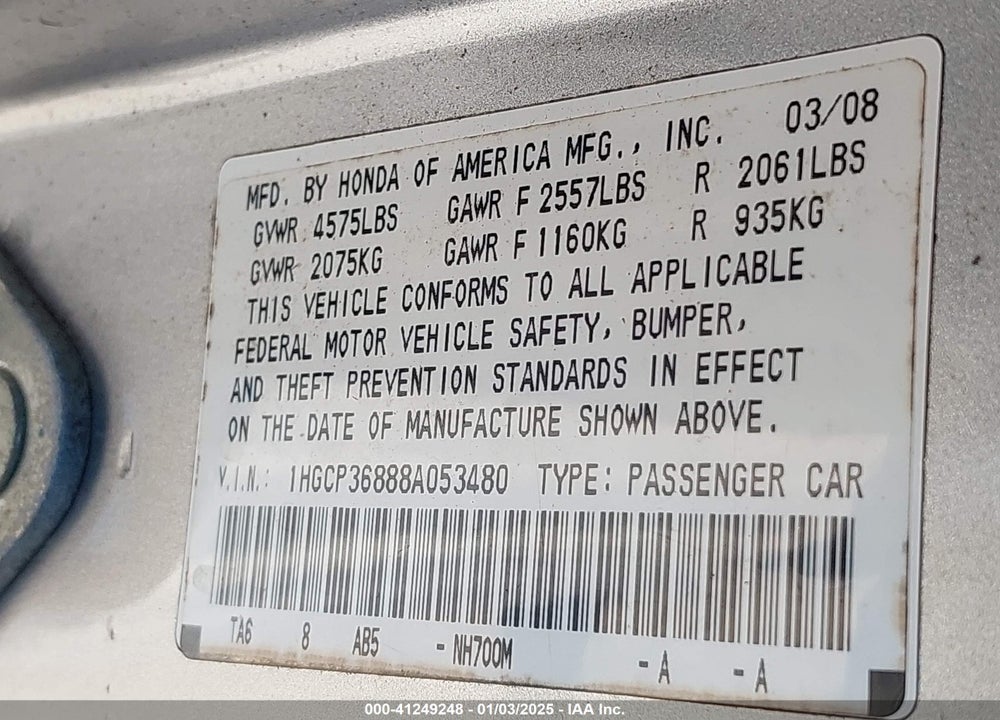 2008 HONDA ACCORD 3.5 EX-L VIN: 1HGCP36888A053480