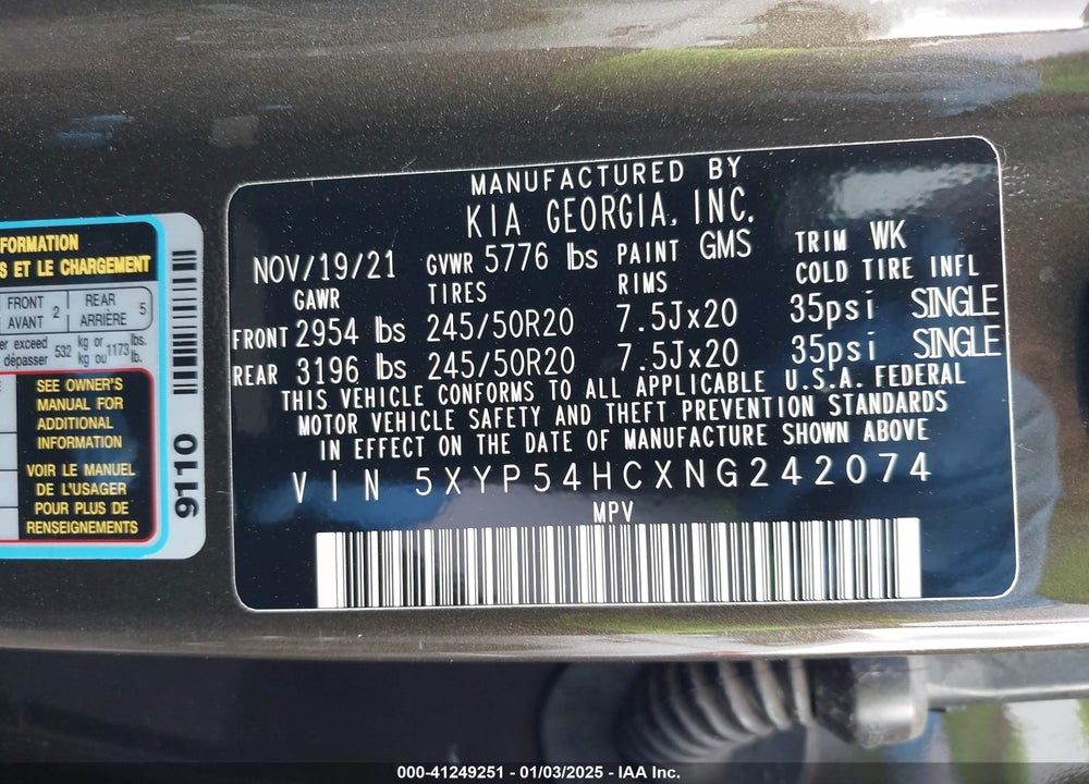 2022 KIA TELLURIDE SX VIN: 5XYP54HCXNG242074