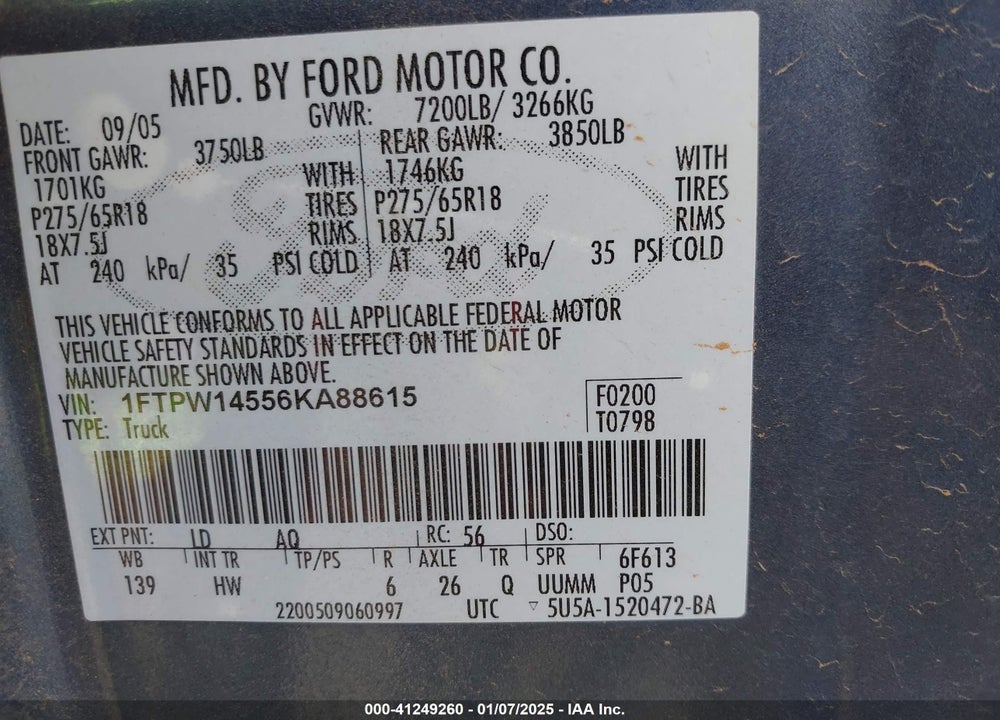 2006 FORD F-150 VIN: 1FTPW14556KA88615