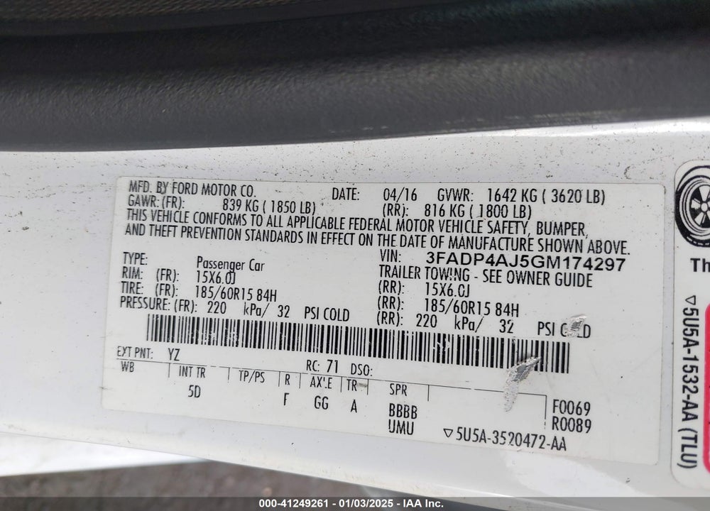 2016 FORD FIESTA S VIN: 3FADP4AJ5GM174297