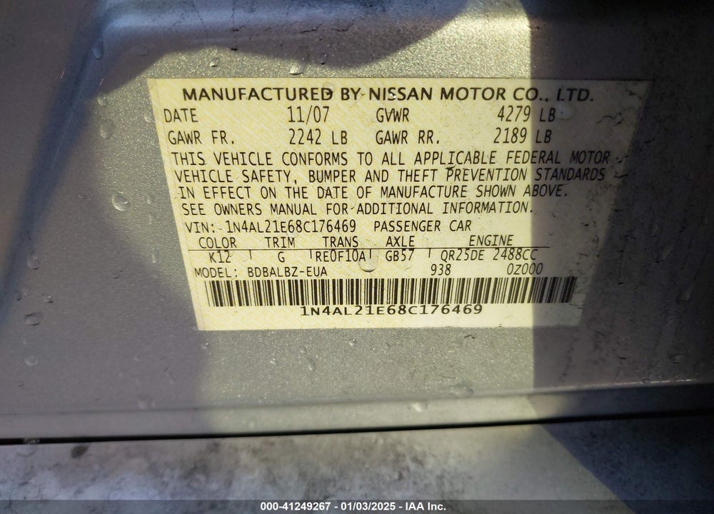 2008 NISSAN ALTIMA VIN: 1N4AL21E68C176469