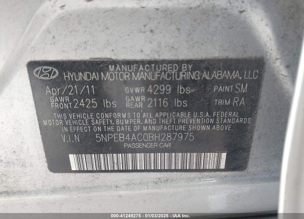 2011 HYUNDAI SONATA GLS VIN: 5NPEB4AC0BH287975