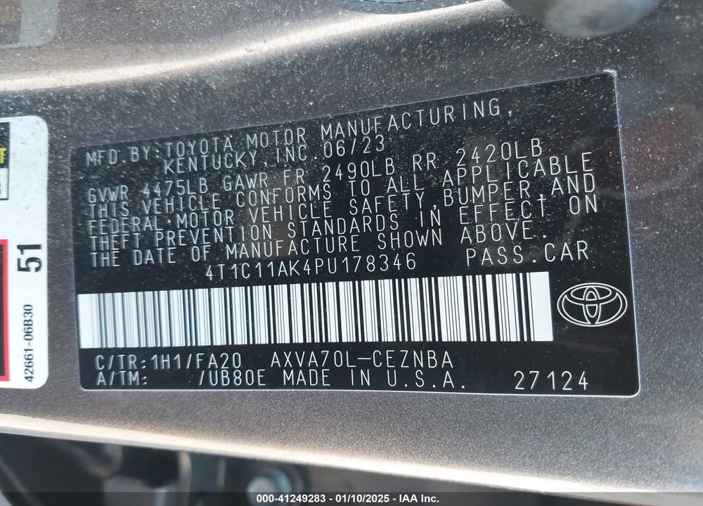 2023 TOYOTA CAMRY VIN: 4T1C11AK4PU178346