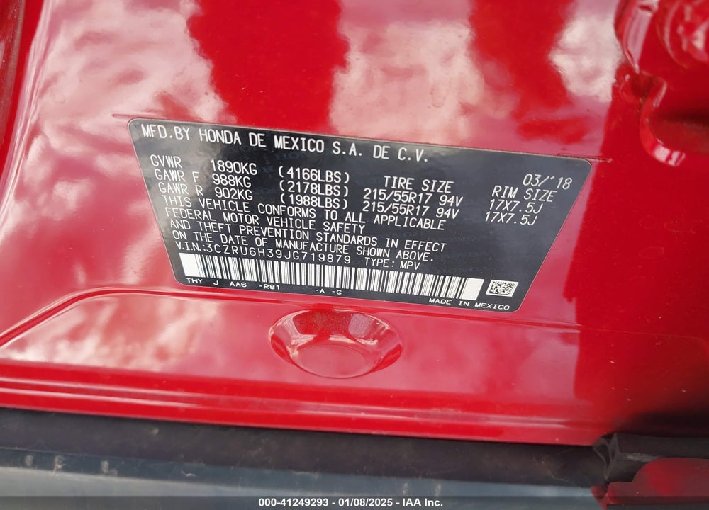 2018 HONDA HR-V VIN: 3CZRU6H39JG719879