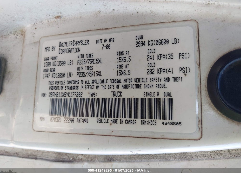 2000 DODGE RAM VAN 1500 CONVERSION VIN: 2B7HB11X5YK177202