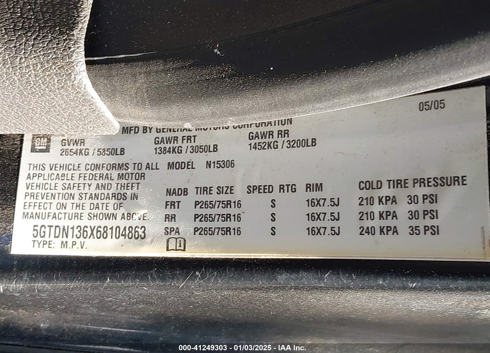 2006 HUMMER H3 SUV VIN: 5GTDN136X68104863