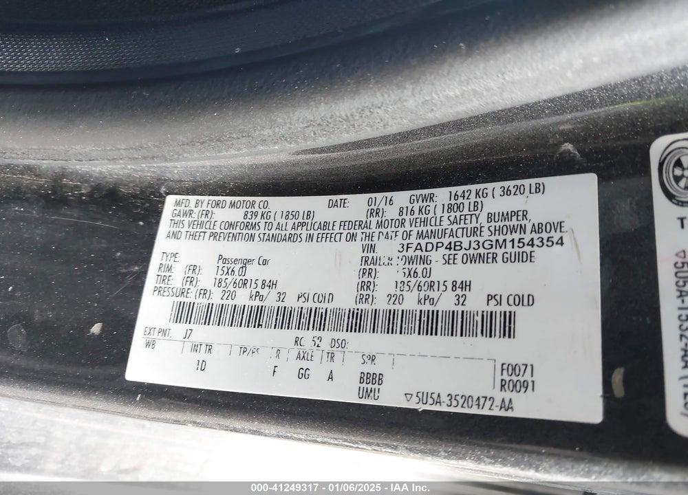 2016 FORD FIESTA VIN: 3FADP4BJ3GM154354