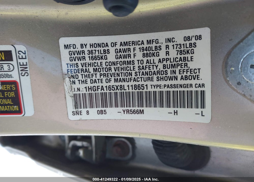 2008 HONDA CIVIC LX VIN: 1HGFA165X8L118651