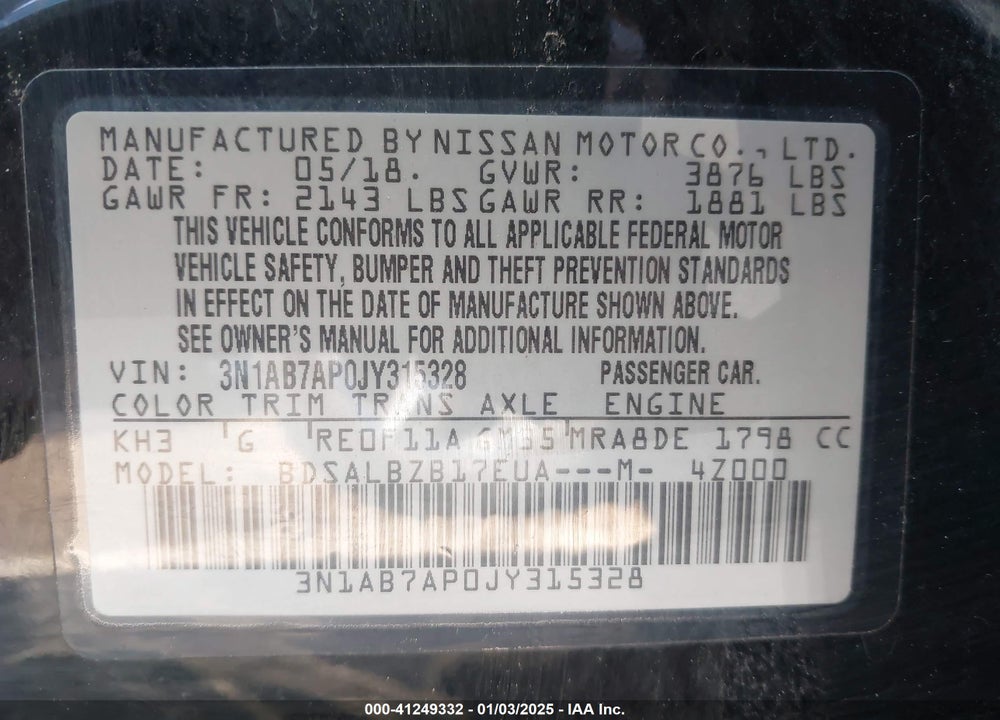 2018 NISSAN SENTRA VIN: 3N1AB7AP0JY315328