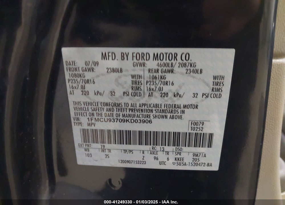 2009 FORD ESCAPE VIN: 1FMCU93709KD03906