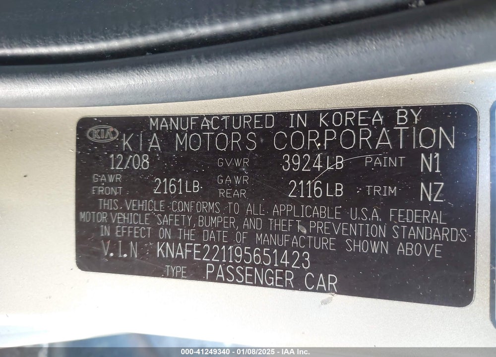 2009 KIA SPECTRA VIN: KNAFE221195651423