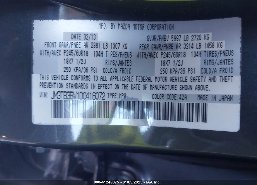 2013 MAZDA CX-9 SPORT VIN: JM3TB3BV1D0416072