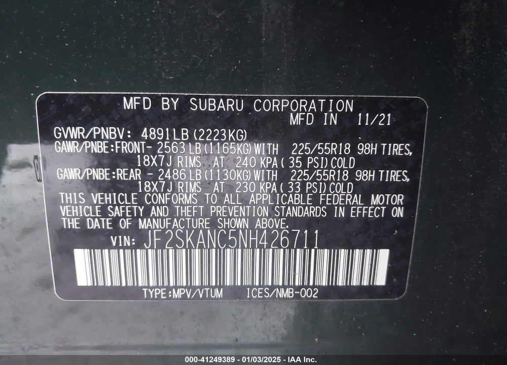 2022 SUBARU FORESTER LIMITED VIN: JF2SKANC5NH426711