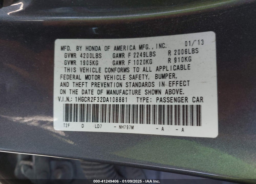 2013 HONDA ACCORD VIN: 1HGCR2F32DA108881