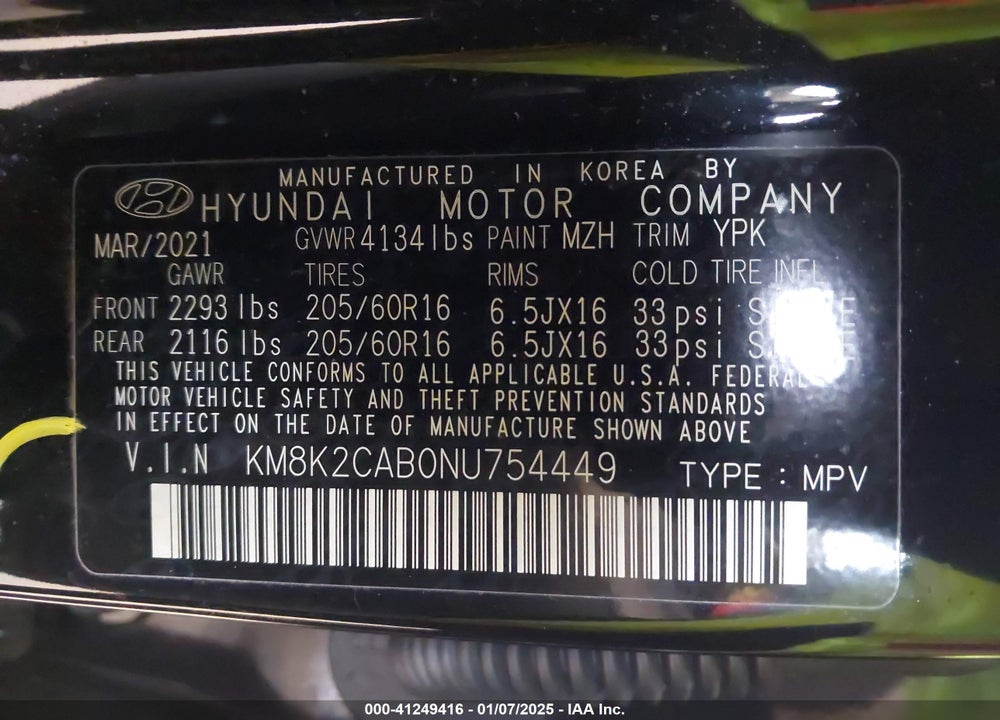 2022 HYUNDAI KONA VIN: KM8K2CAB0NU754449