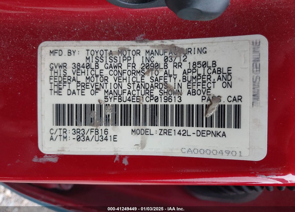 2012 TOYOTA COROLLA LE VIN: 5YFBU4EE1CP019613