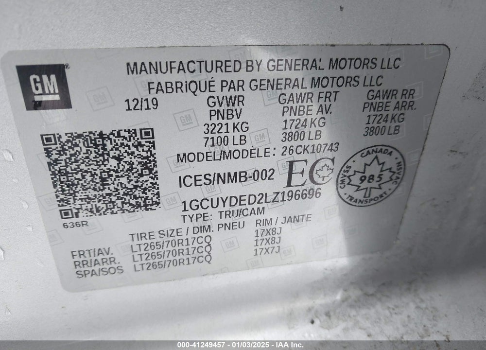 2020 CHEVROLET SILVERADO 1500 VIN: 1GCUYDED2LZ196696