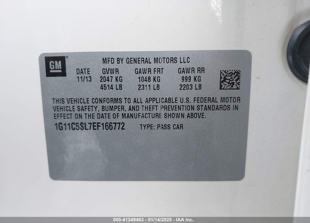 2014 CHEVROLET MALIBU VIN: 1G11C5SL7EF166772