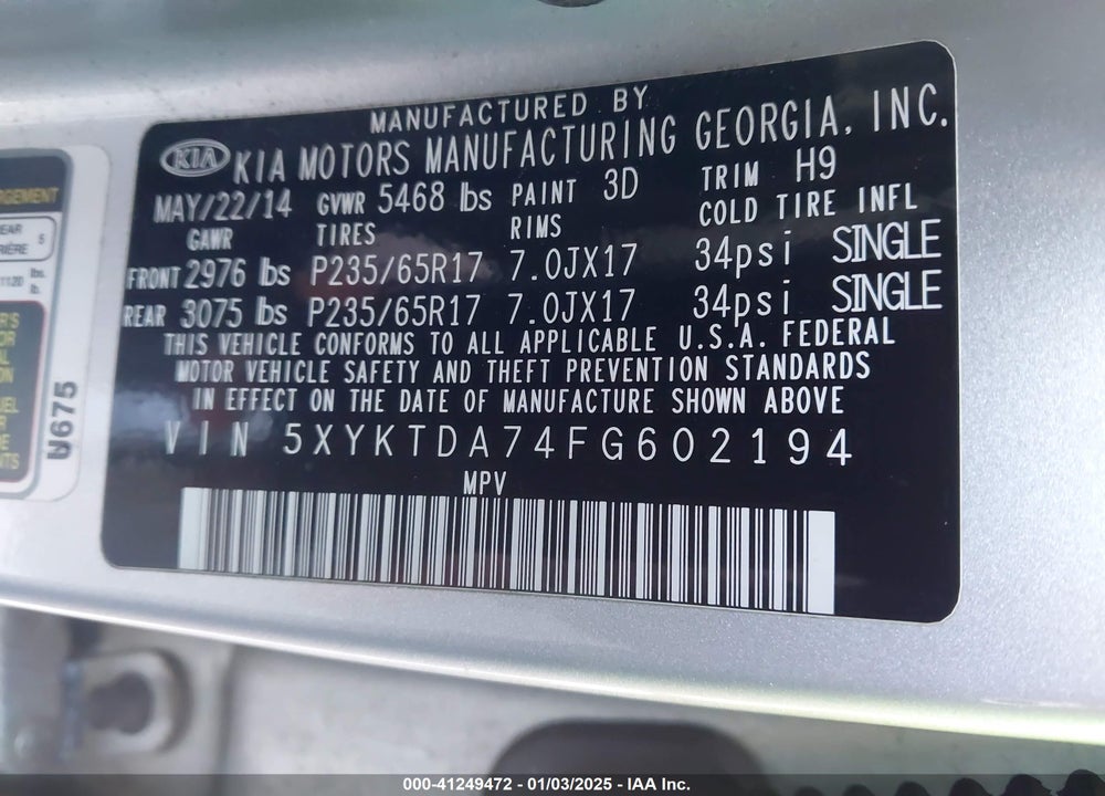 2015 KIA SORENTO LX V6 VIN: 5XYKTDA74FG602194