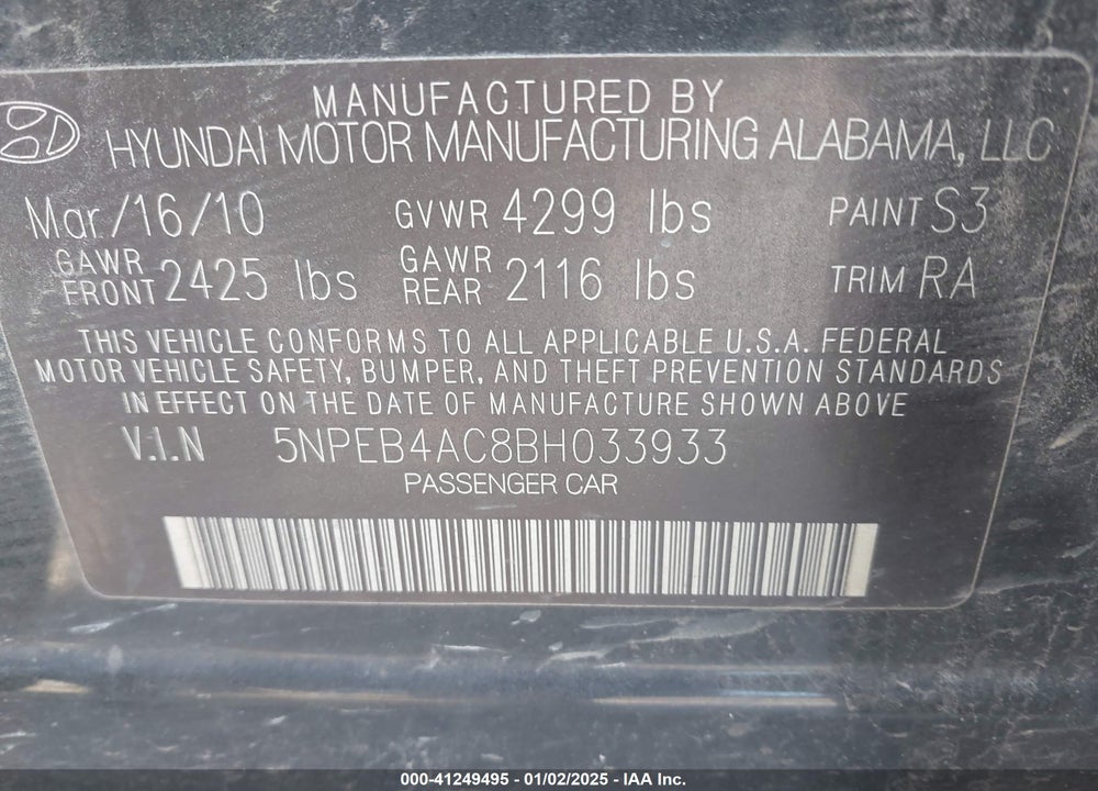 2011 HYUNDAI SONATA GLS VIN: 5NPEB4AC8BH033933