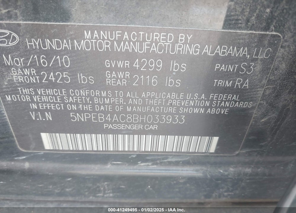 2011 HYUNDAI SONATA GLS VIN: 5NPEB4AC8BH033933