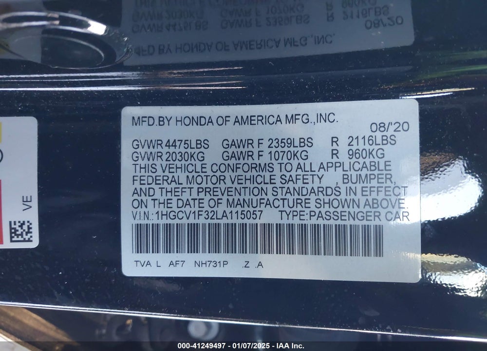 2020 HONDA ACCORD SPORT VIN: 1HGCV1F32LA115057