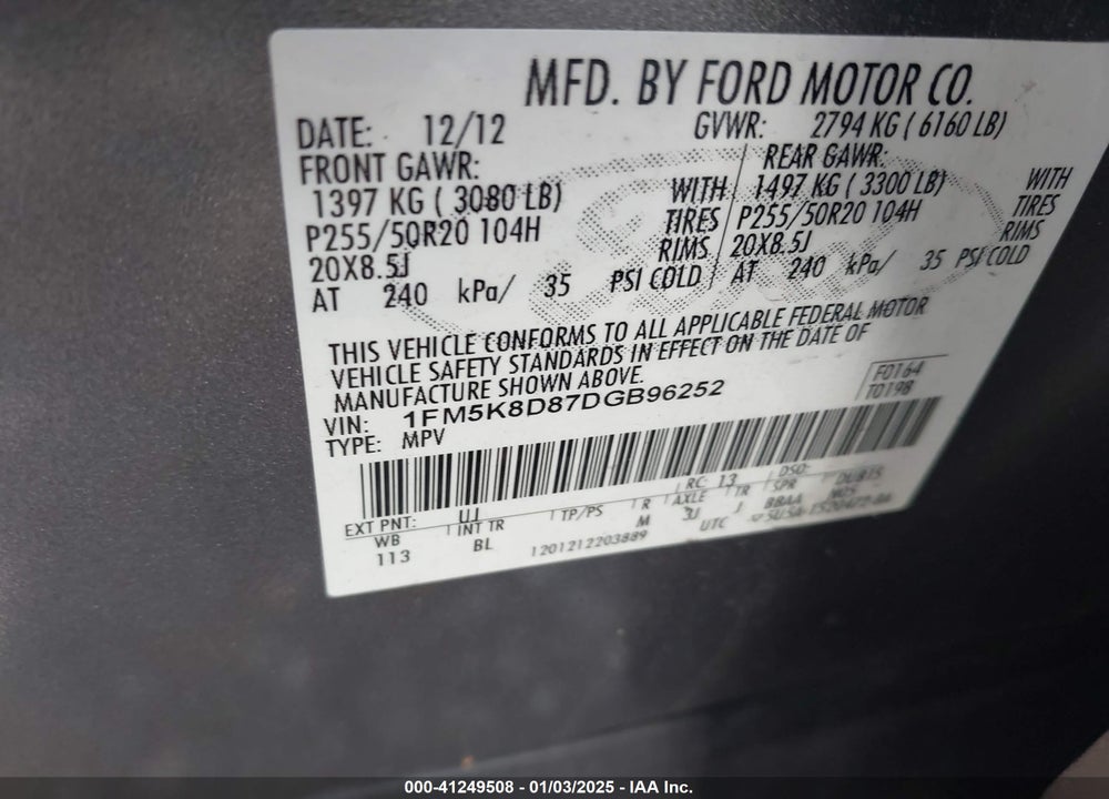 2013 FORD EXPLORER XLT VIN: 1FM5K8D87DGB96252