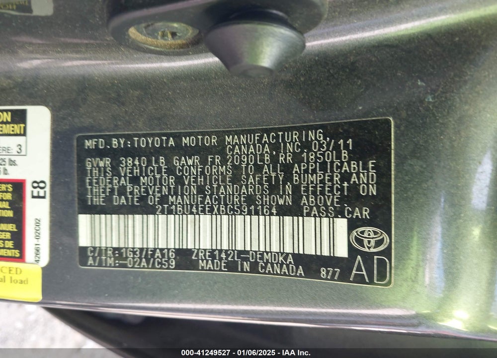 2011 TOYOTA COROLLA VIN: 2T1BU4EEXBC591164