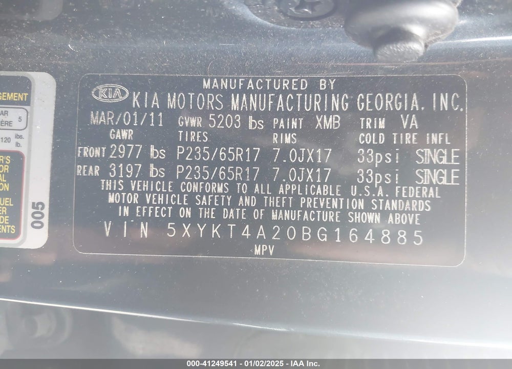 2011 KIA SORENTO LX V6 VIN: 5XYKT4A20BG164885