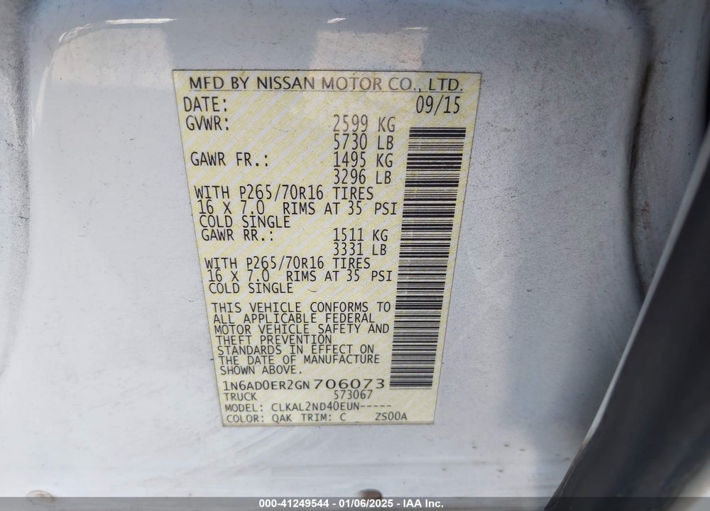2016 NISSAN FRONTIER SV VIN: 1N6AD0ER2GN706073