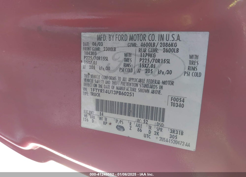 2003 FORD RANGER EDGE/TREMOR/XL/XLT VIN: 1FTYR14U13PB60251