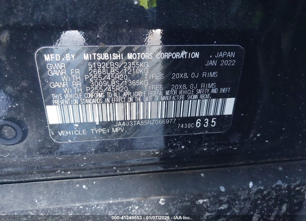 2022 MITSUBISHI OUTLANDER ES 2.5 2WD VIN: JA4J3TA85NZ066977