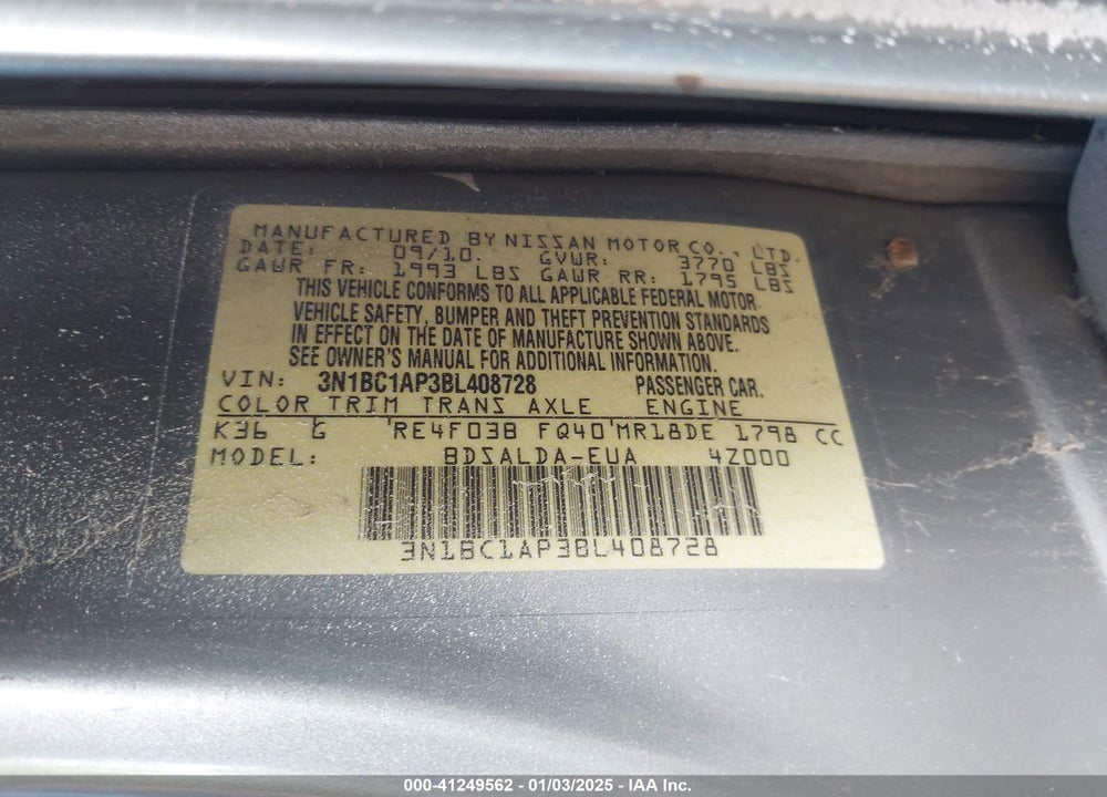 2011 NISSAN VERSA VIN: 3N1BC1AP3BL408728
