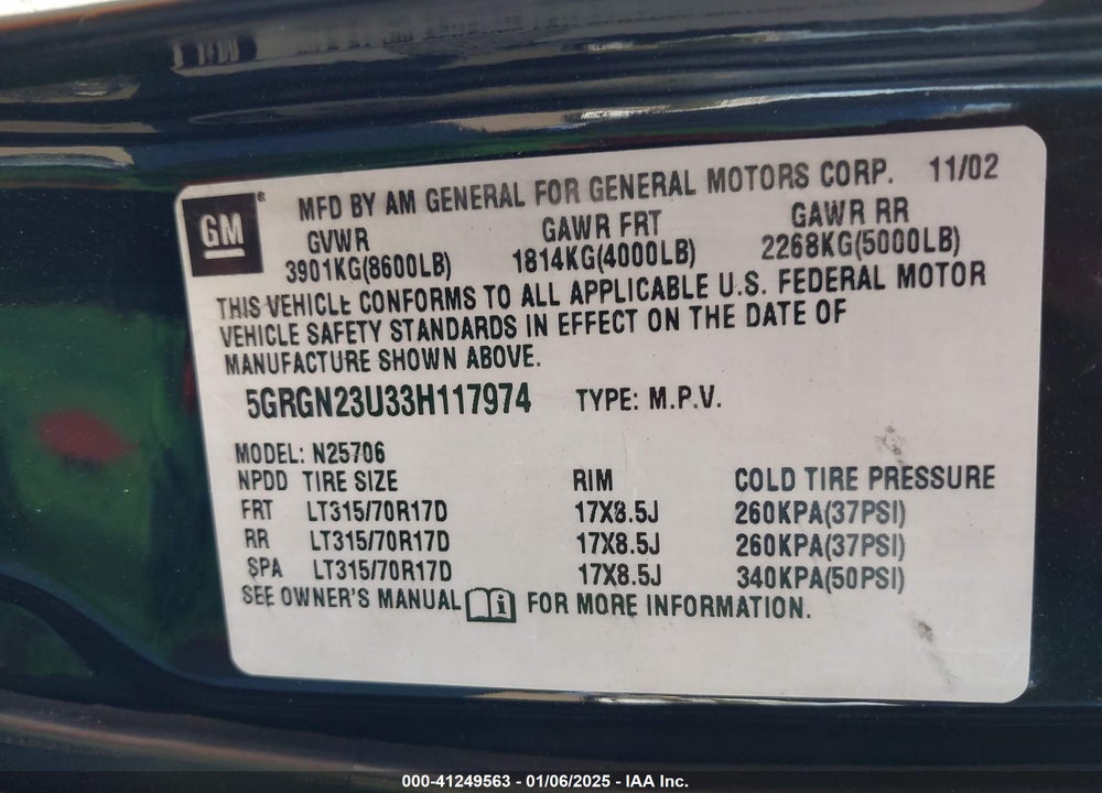 2003 HUMMER H2 VIN: 5GRGN23U33H117974