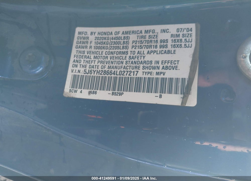 2004 HONDA ELEMENT EX VIN: 5J6YH28664L027217