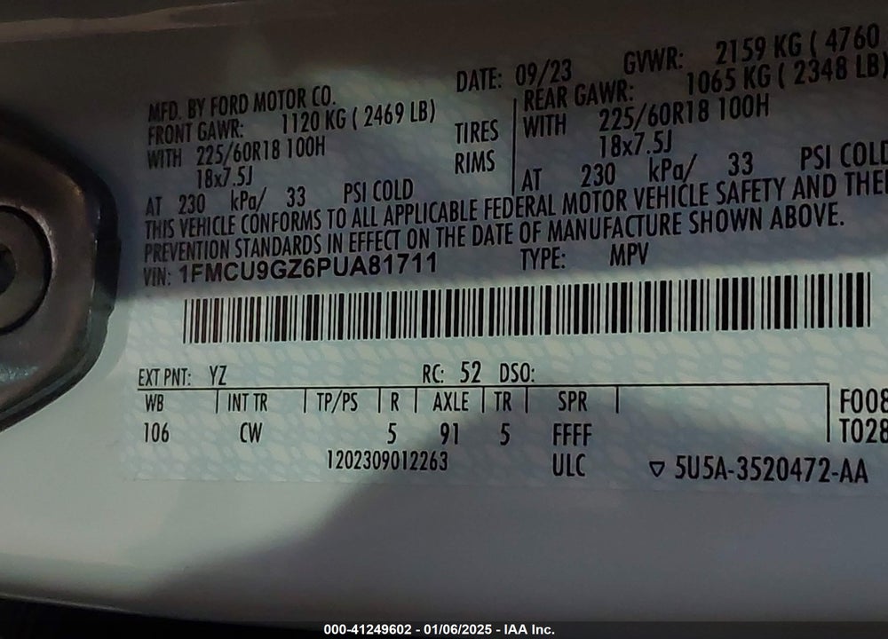 2023 FORD ESCAPE ACTIVE VIN: 1FMCU9GZ6PUA81711
