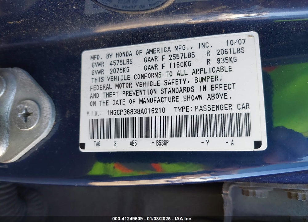 2008 HONDA ACCORD 3.5 EX-L VIN: 1HGCP36838A016210