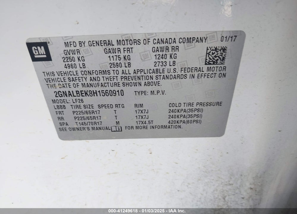 2017 CHEVROLET EQUINOX LS VIN: 2GNALBEK8H1560910