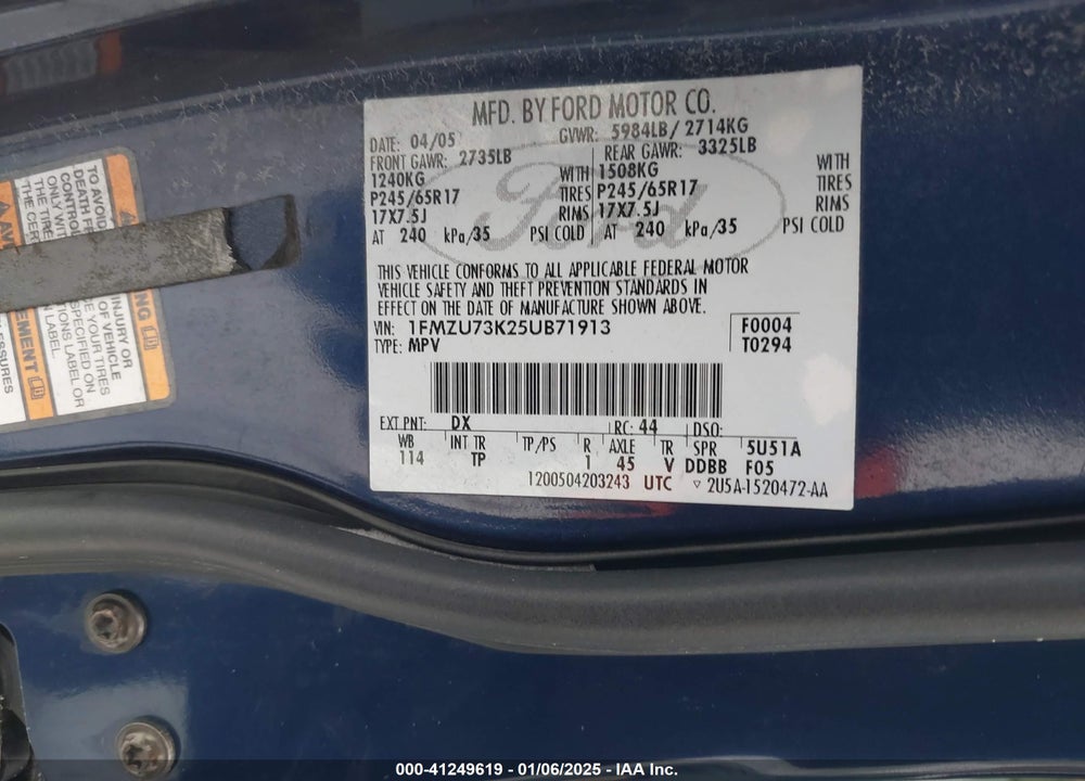 2005 FORD EXPLORER XLT/XLT SPORT VIN: 1FMZU73K25UB71913