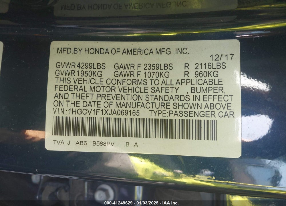 2018 HONDA ACCORD VIN: 1HGCV1F1XJA069165