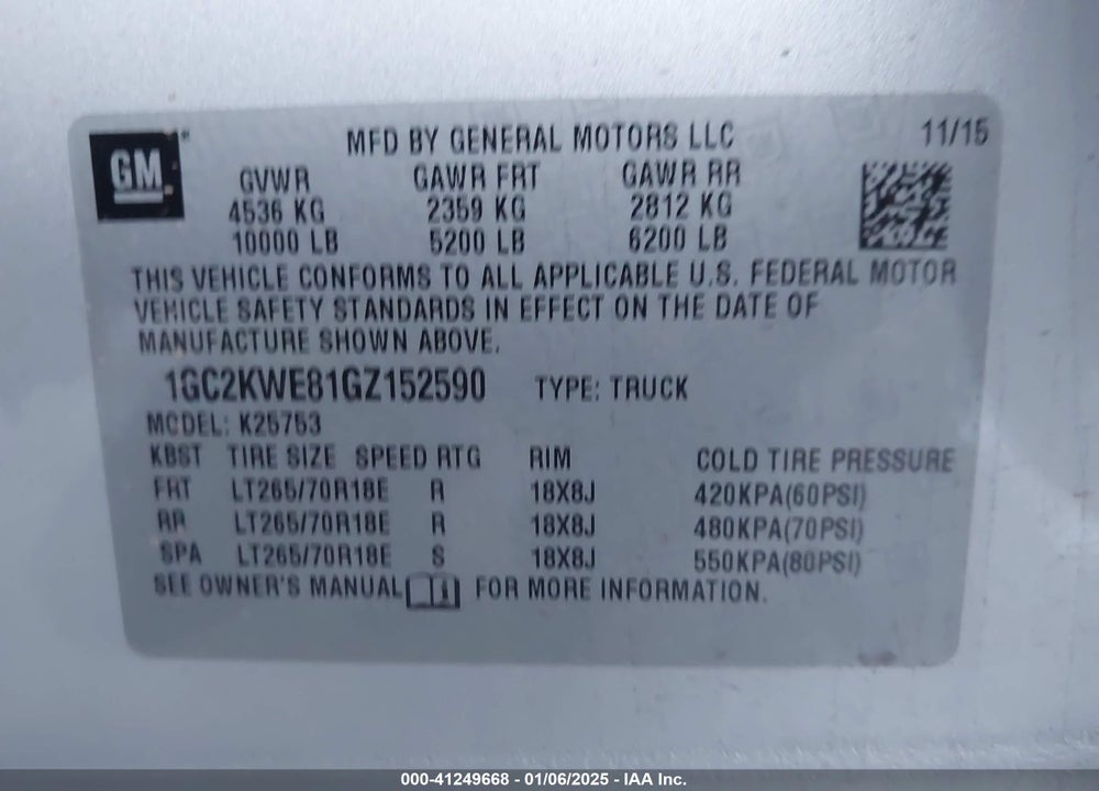 2016 CHEVROLET SILVERADO VIN: 1GC2KWE81GZ152590