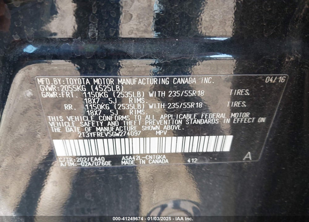 2016 TOYOTA RAV4 LIMITED VIN: 2T3YFREV5GW274097