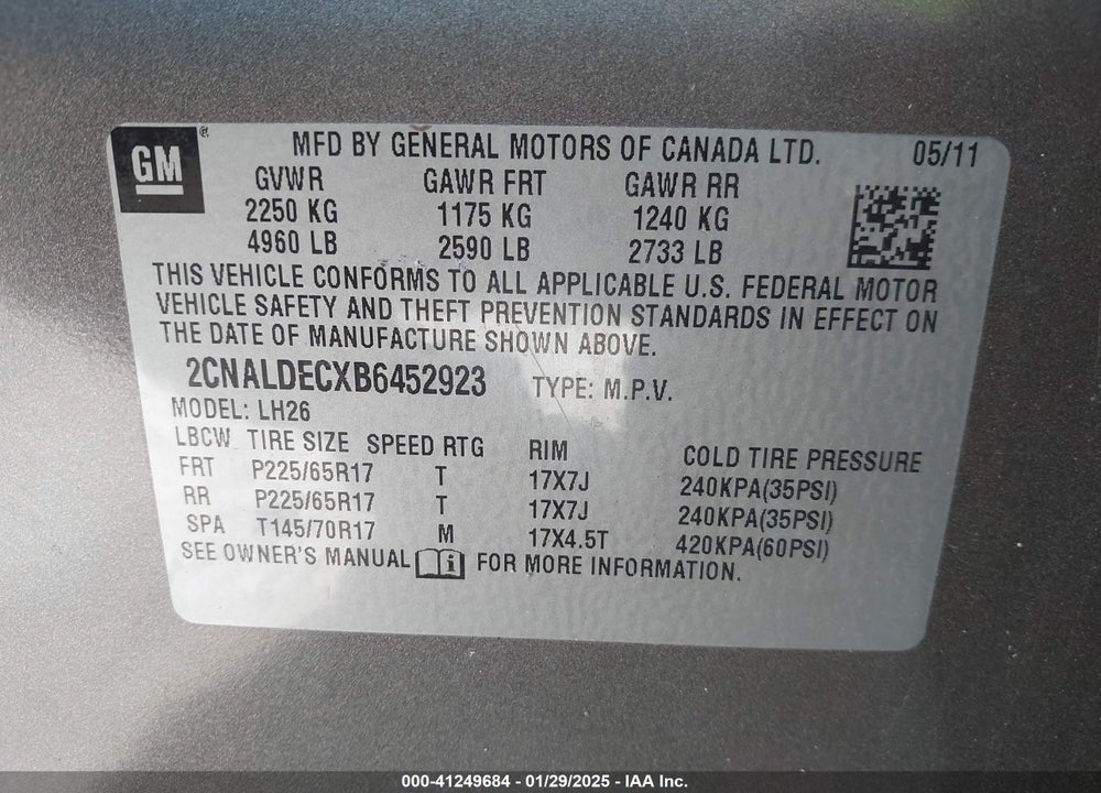 2011 CHEVROLET EQUINOX 1LT VIN: 2CNALDECXB6452923
