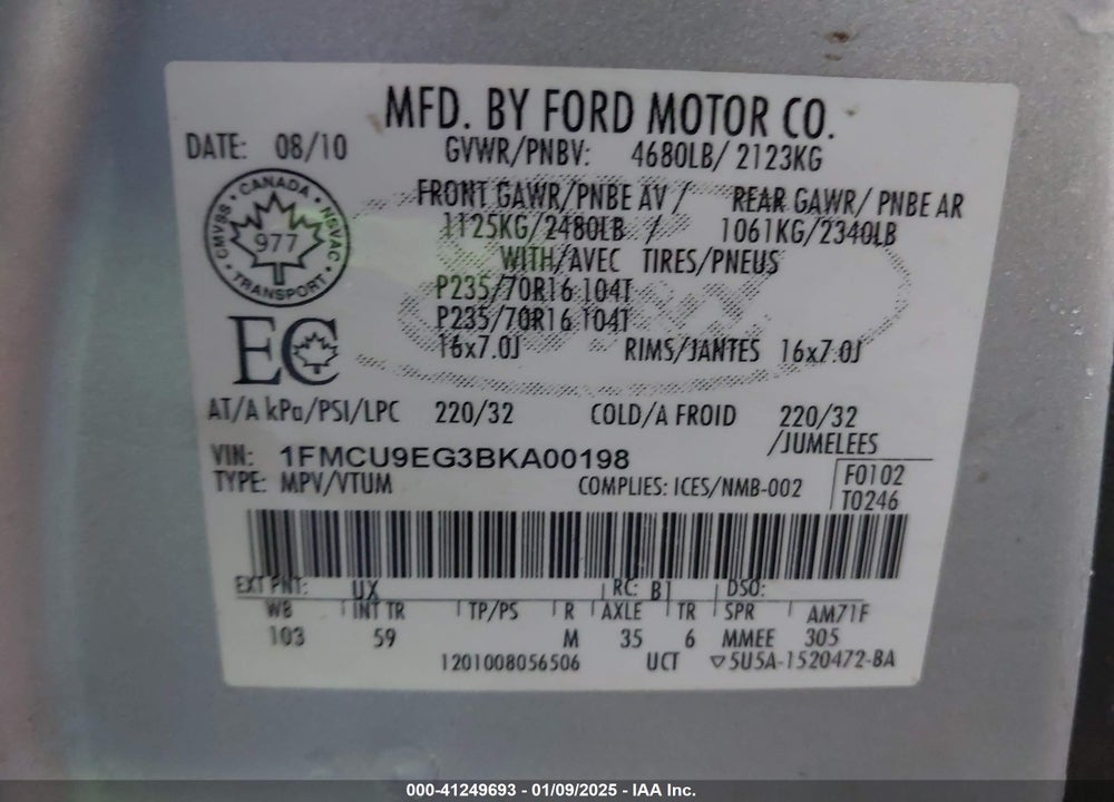 2011 FORD ESCAPE LIMITED VIN: 1FMCU9EG3BKA00198