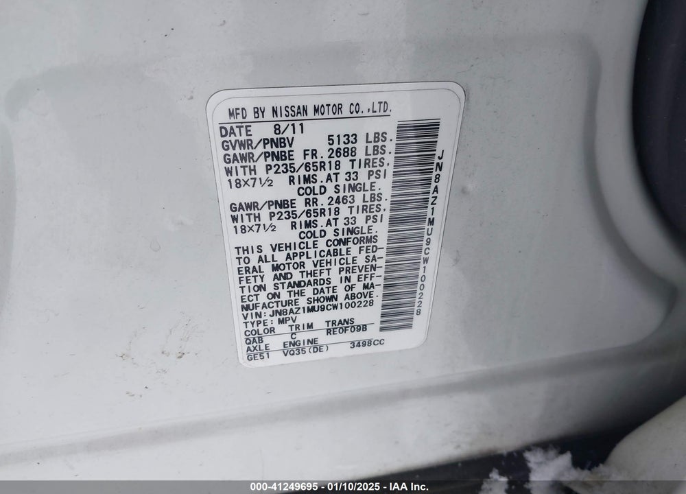 2012 NISSAN MURANO SL VIN: JN8AZ1MU9CW100228
