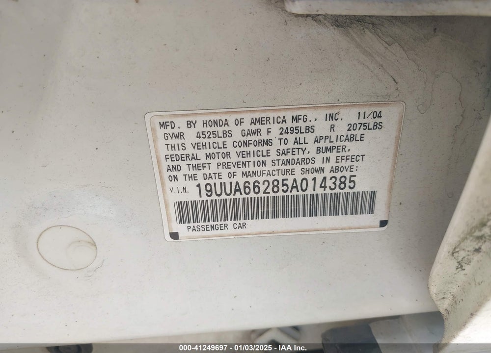 2005 ACURA TL VIN: 19UUA66285A014385