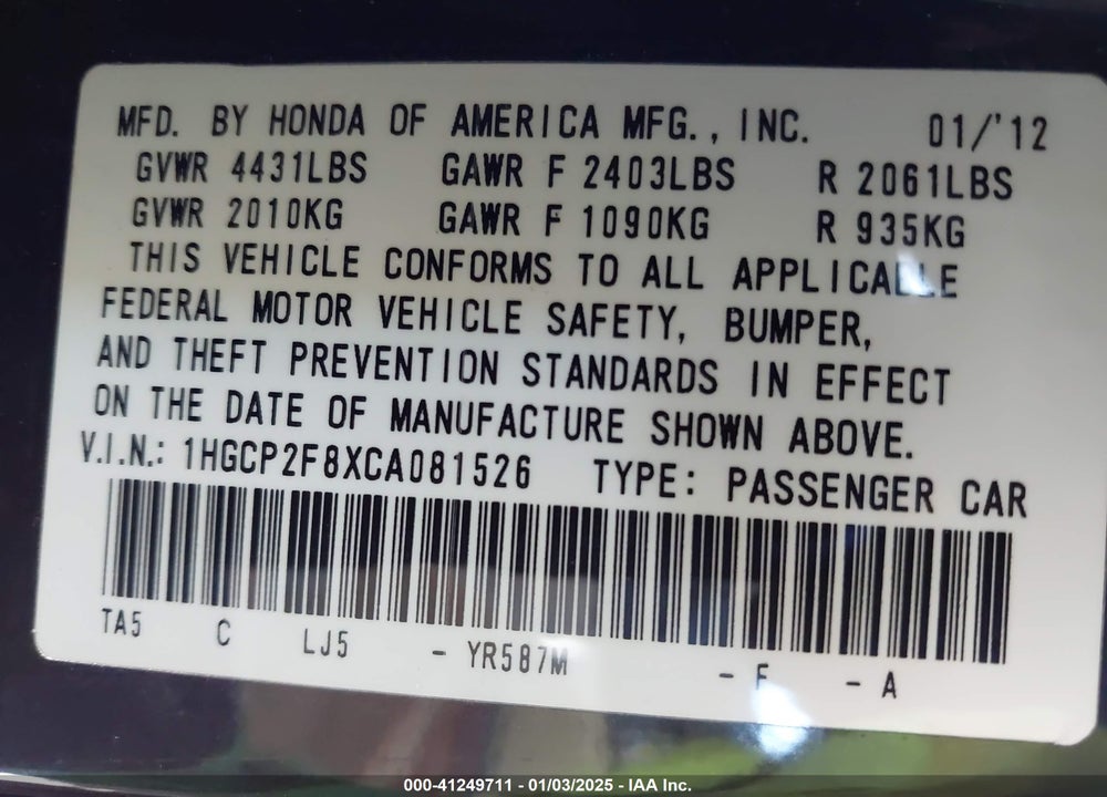 2012 HONDA ACCORD VIN: 1HGCP2F8XCA081526