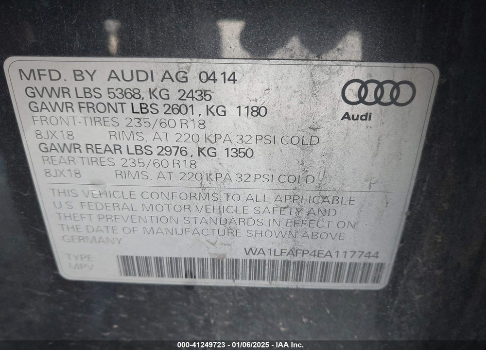 2014 AUDI Q5 2.0T PREMIUM VIN: WA1LFAFP4EA117744