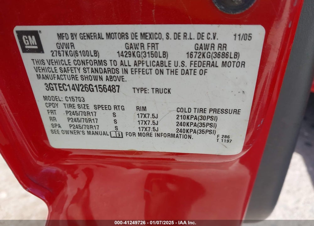2006 GMC SIERRA 1500 WORK TRUCK VIN: 3GTEC14V26G156487