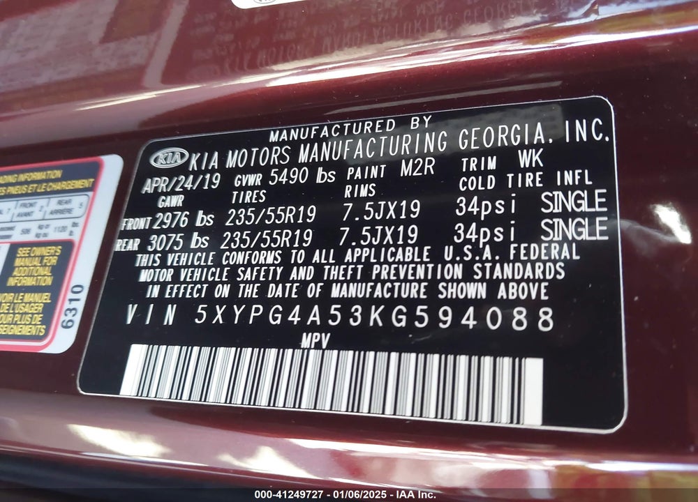 2019 KIA SORENTO VIN: 5XYPG4A53KG594088